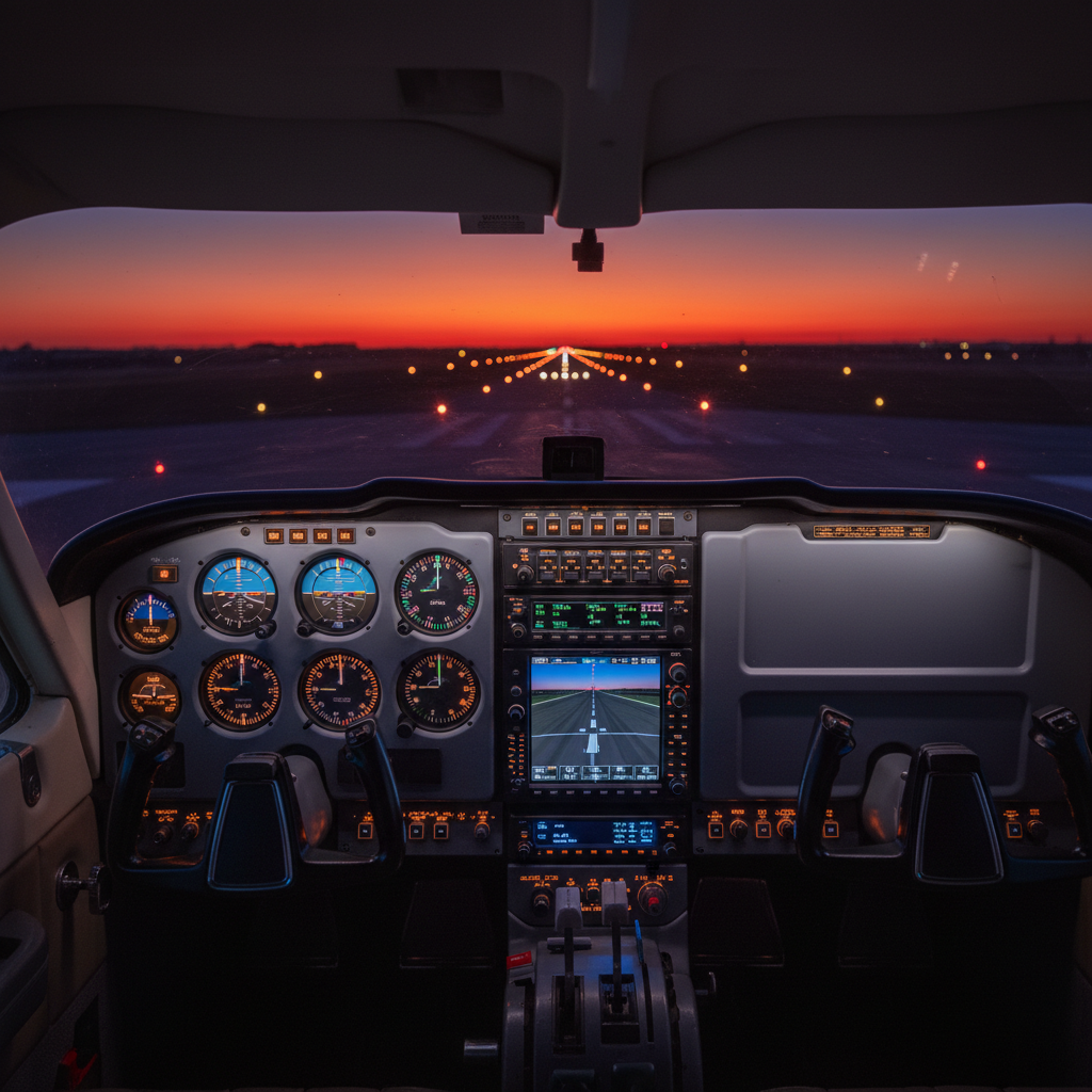 Aircraft cockpit instrument panel with glowing avionics displays at dusk
