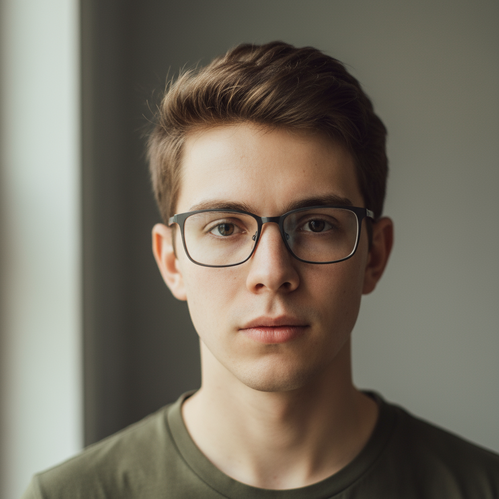 Young man with glasses, casual clothing, university campus background