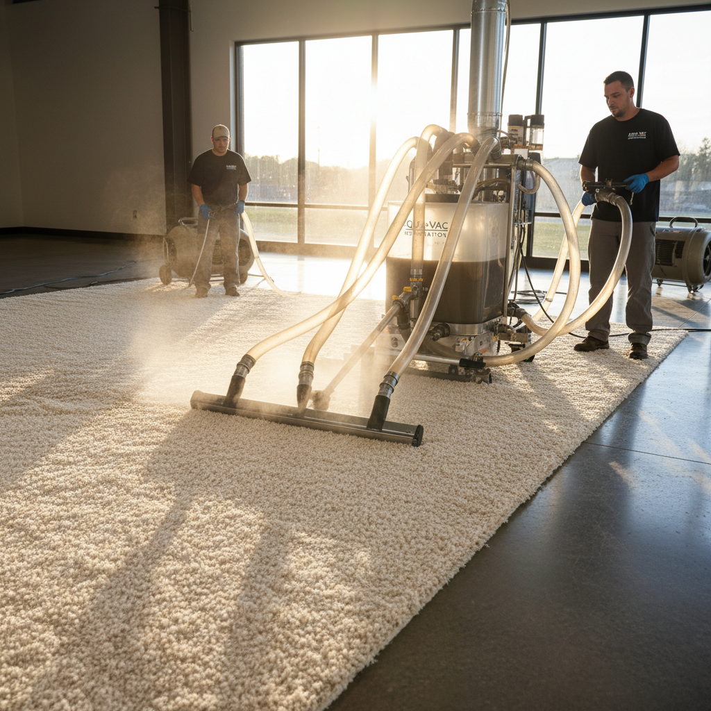 Extraction wand pulling dark water from pale commercial carpet, close-up technician view