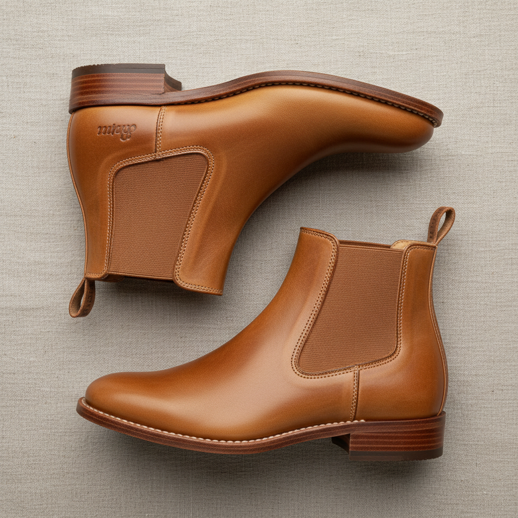 Pair of tan leather paddock boots on linen fabric, photographed from above showing the proper heel and pull-tab detail