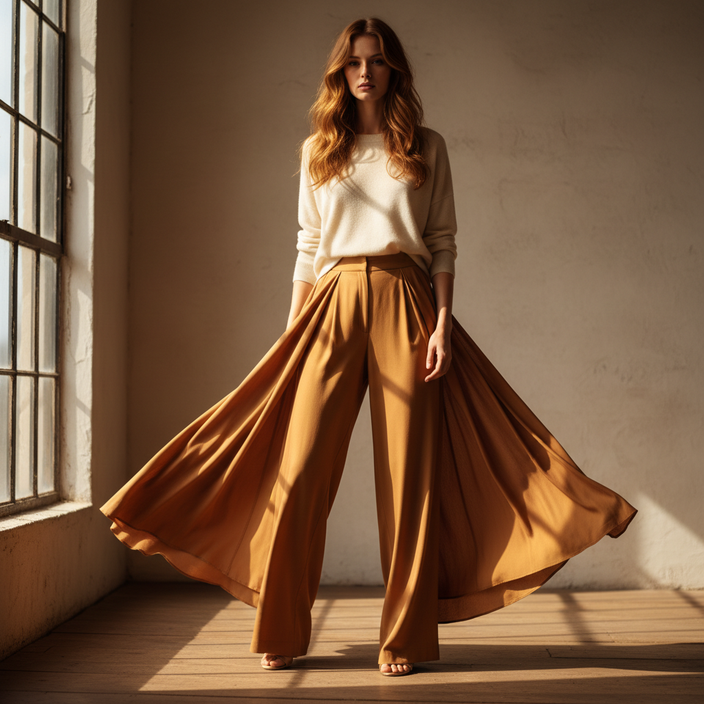 Wide leg trousers in caramel tan on model, warm afternoon sunlight, relaxed sophisticated silhouette