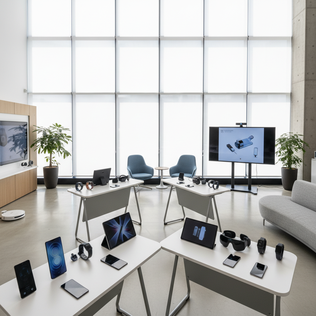 Modern home appliances and electronics displayed in a bright, clean showroom with smart devices, dark atmospheric background