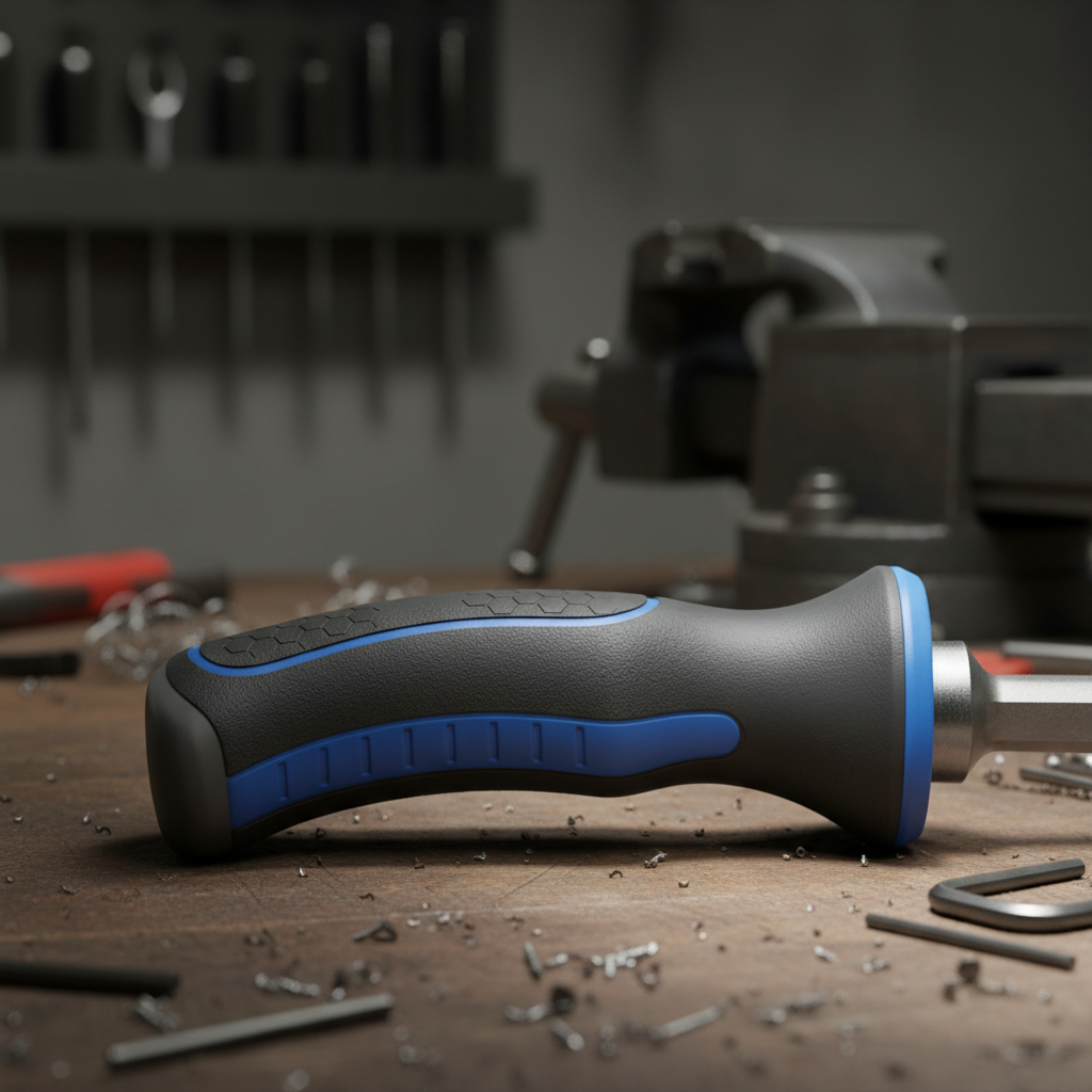 Ergonomic tool handle with dual-material overmold grip showing texture detail in workshop setting
