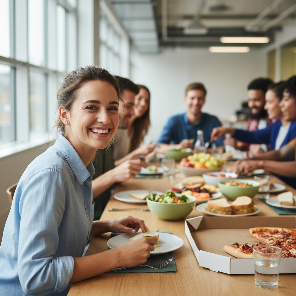 Amara smiling at team lunch in her workplace
