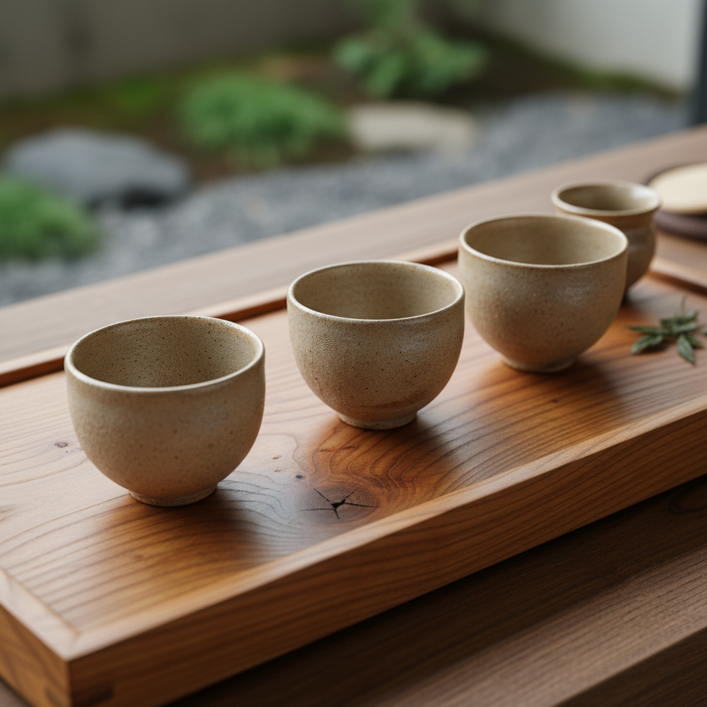 Close view of unglazed ceramic teacups arranged on a cypress wood tea tray