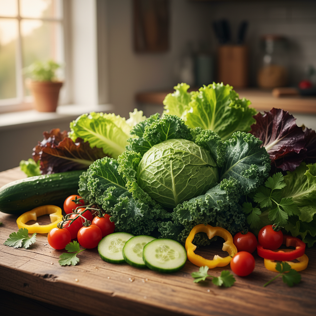 Array of fresh colorful vegetables including red tomatoes, green cucumbers, orange carrots on dark wooden surface
