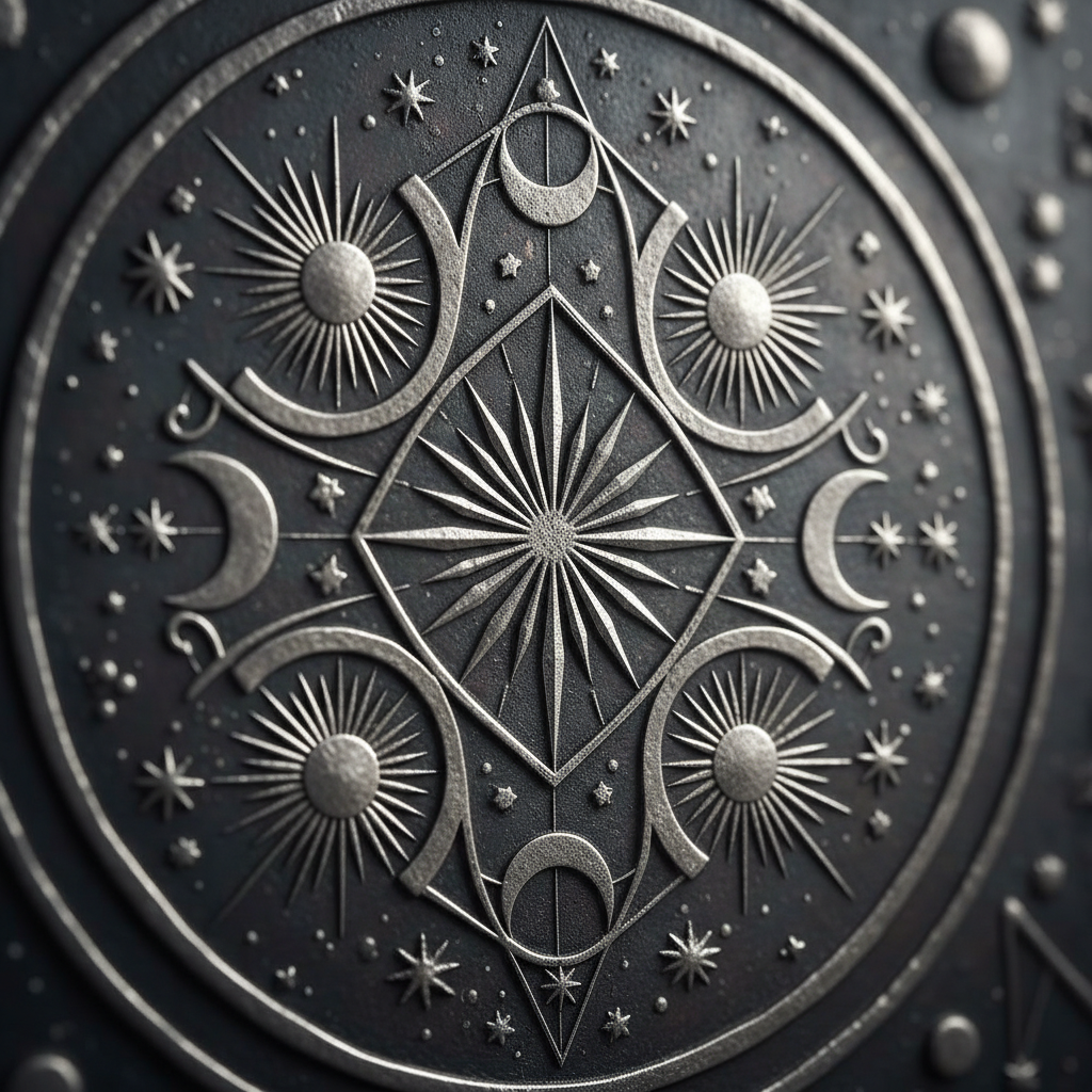 Gravure géométrique abstraite représentant des formes célestes et des étoiles