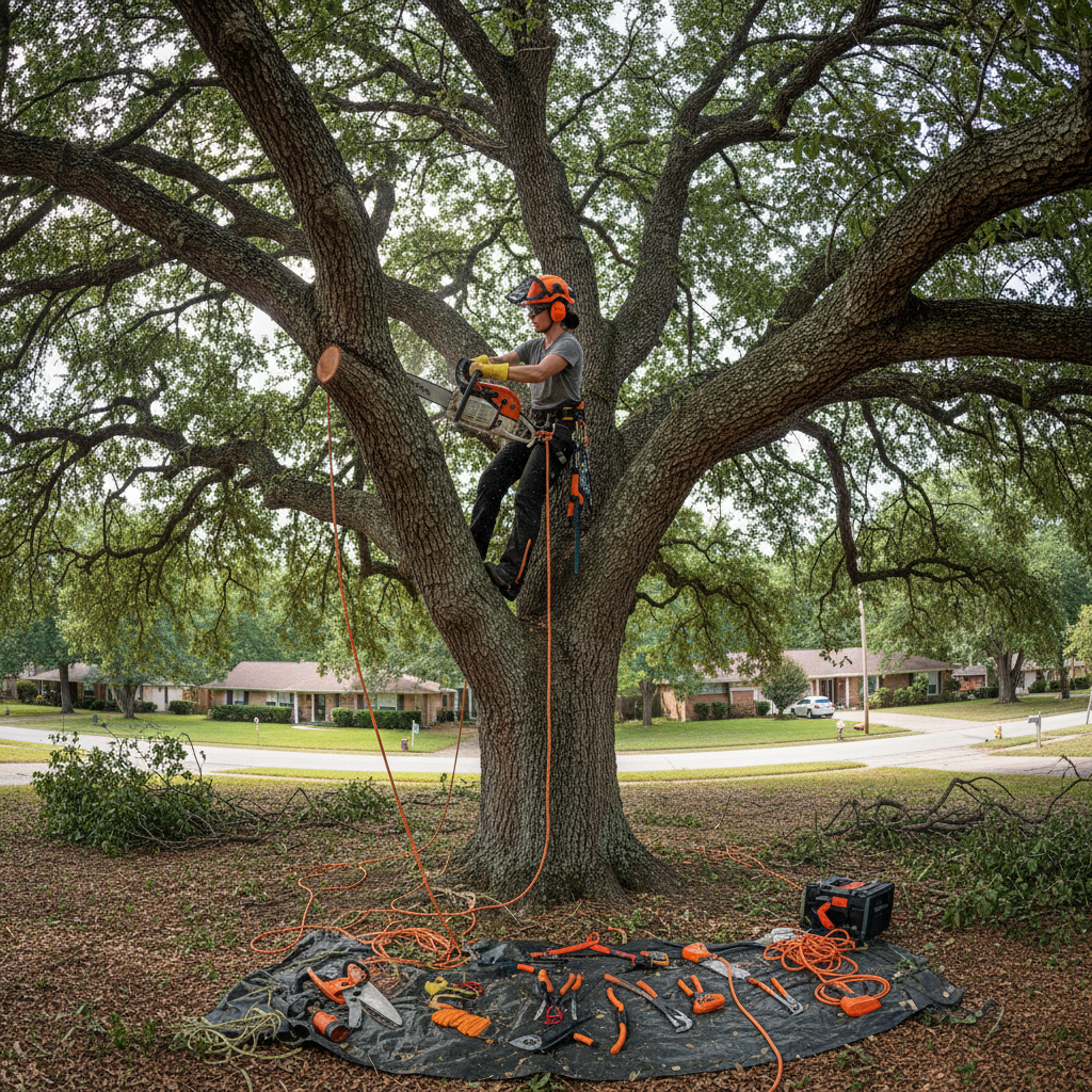 Professional tree care and pruning work in residential landscape with mature trees