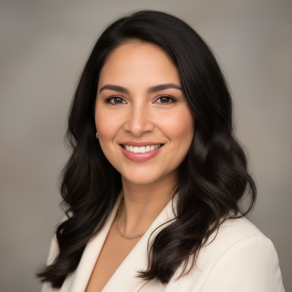Colombian woman entrepreneur smiling, professional portrait, warm background