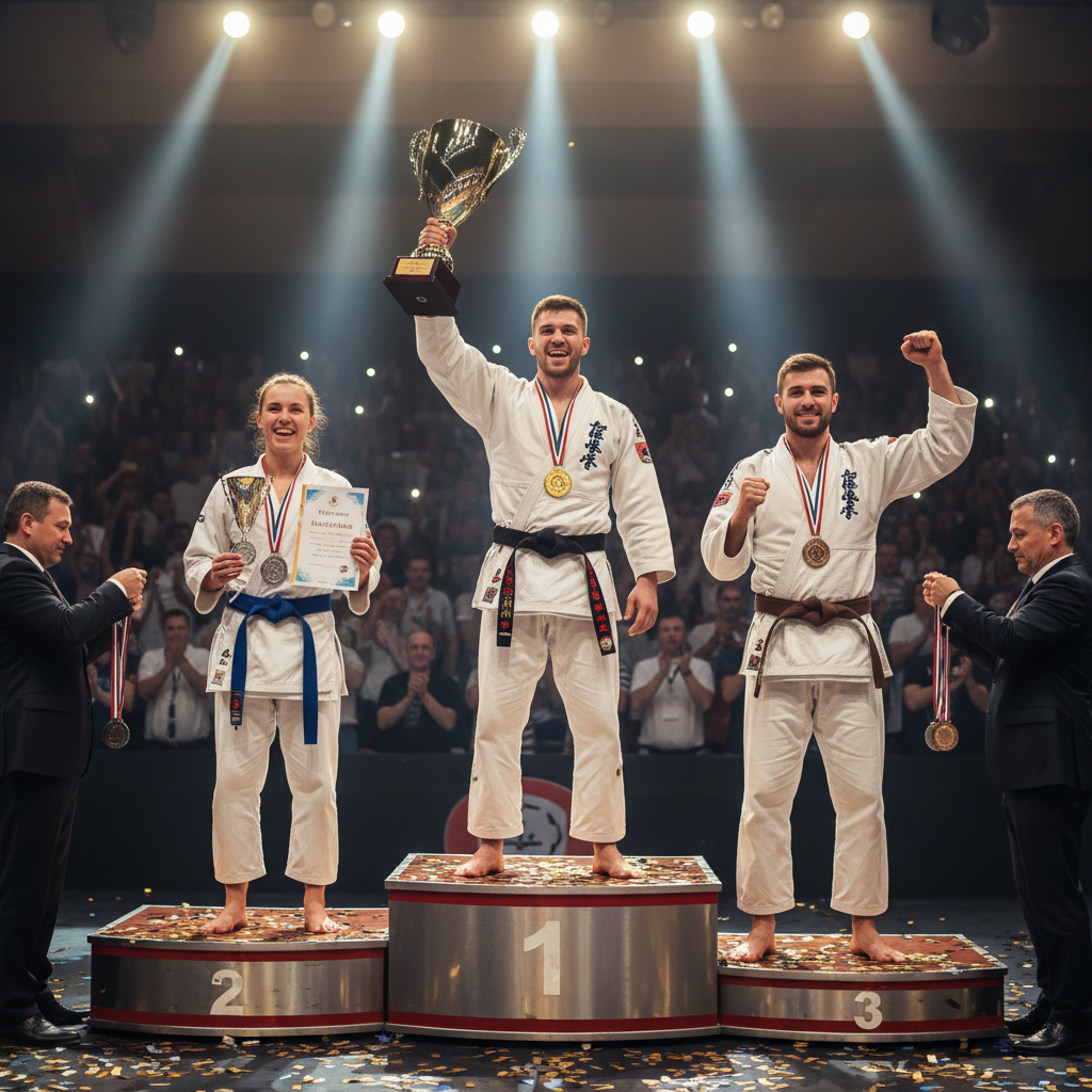 Trophy and medals from martial arts competition, golden tones