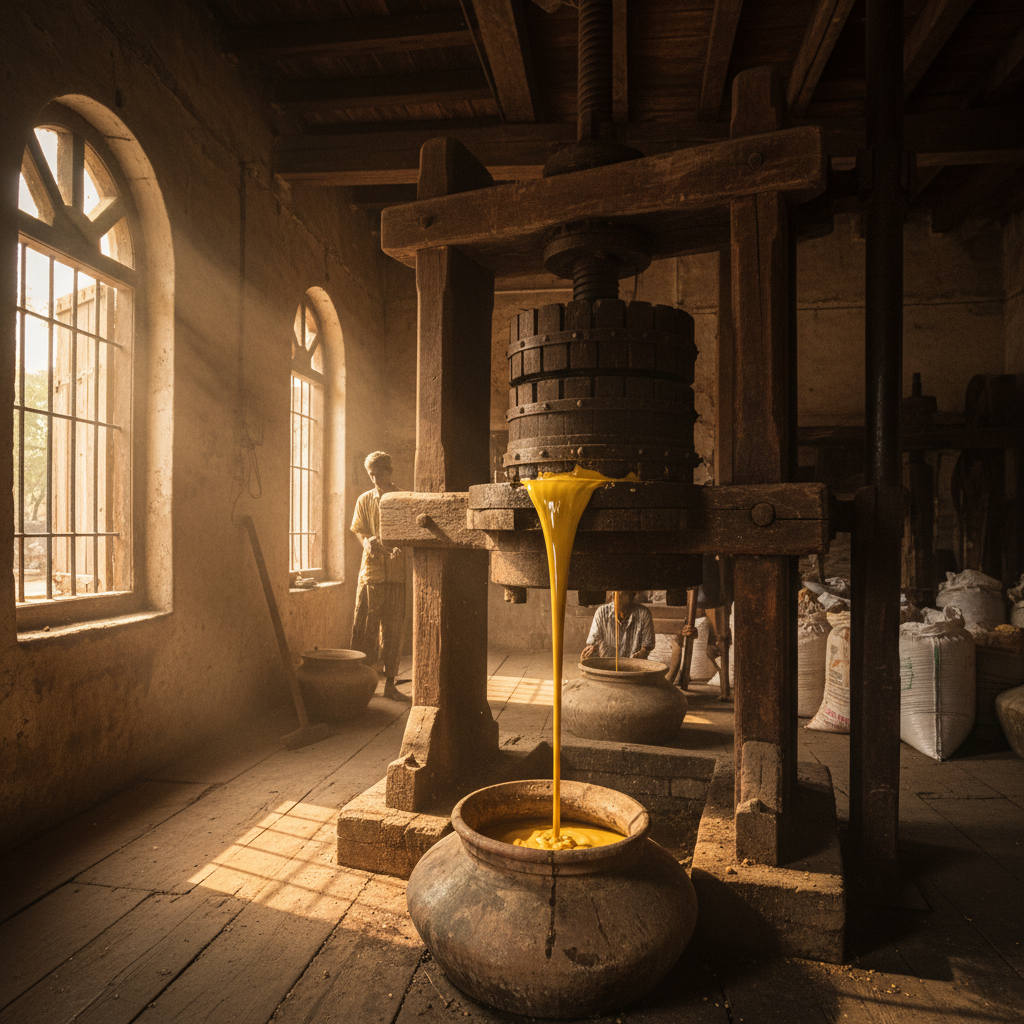 Golden olive oil pouring from ancient clay vessel onto smooth stone surface, warm Mediterranean sunlight, green olive branches in background