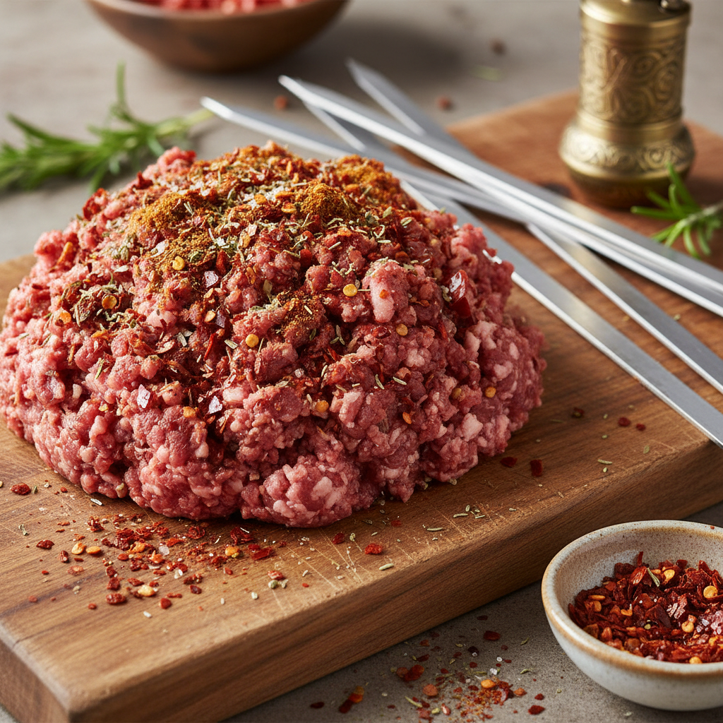 Raw ground lamb mixture with red pepper flakes and spices ready for skewering