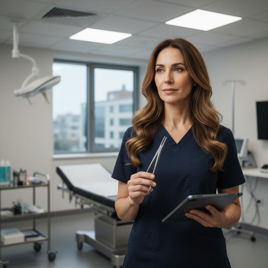 Experienced ICU travel nurse in navy scrubs with stethoscope