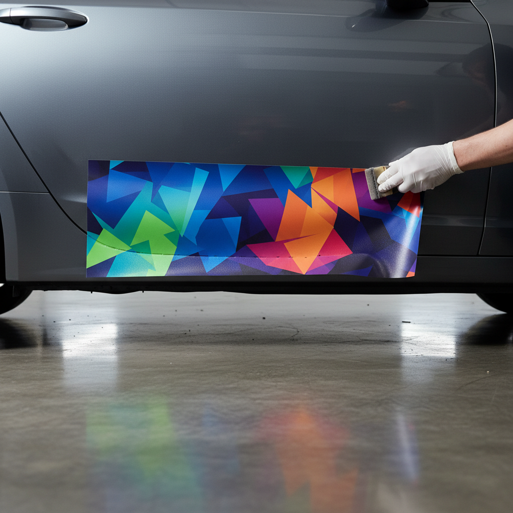 Technician carefully applying vinyl wrap to car door panel, focused and precise, professional workshop setting