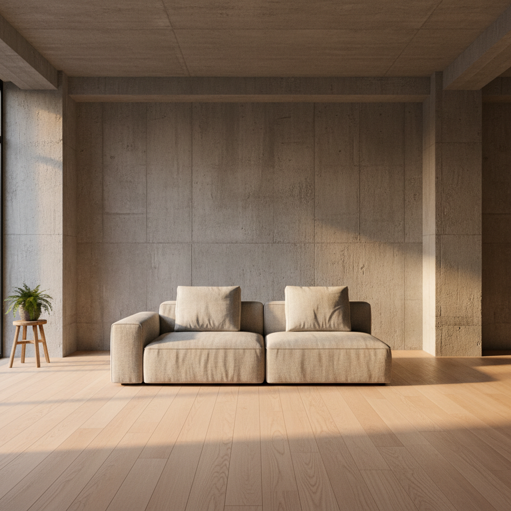 Minimalist interior with raw concrete walls, warm wood accents, and a single statement chair bathed in natural light