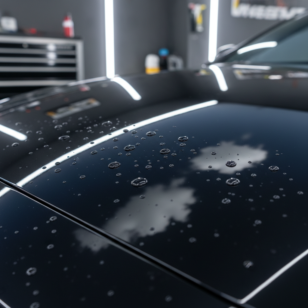Gloved hand pulling a microfiber cloth across a wet car hood, water beading in perfect rows