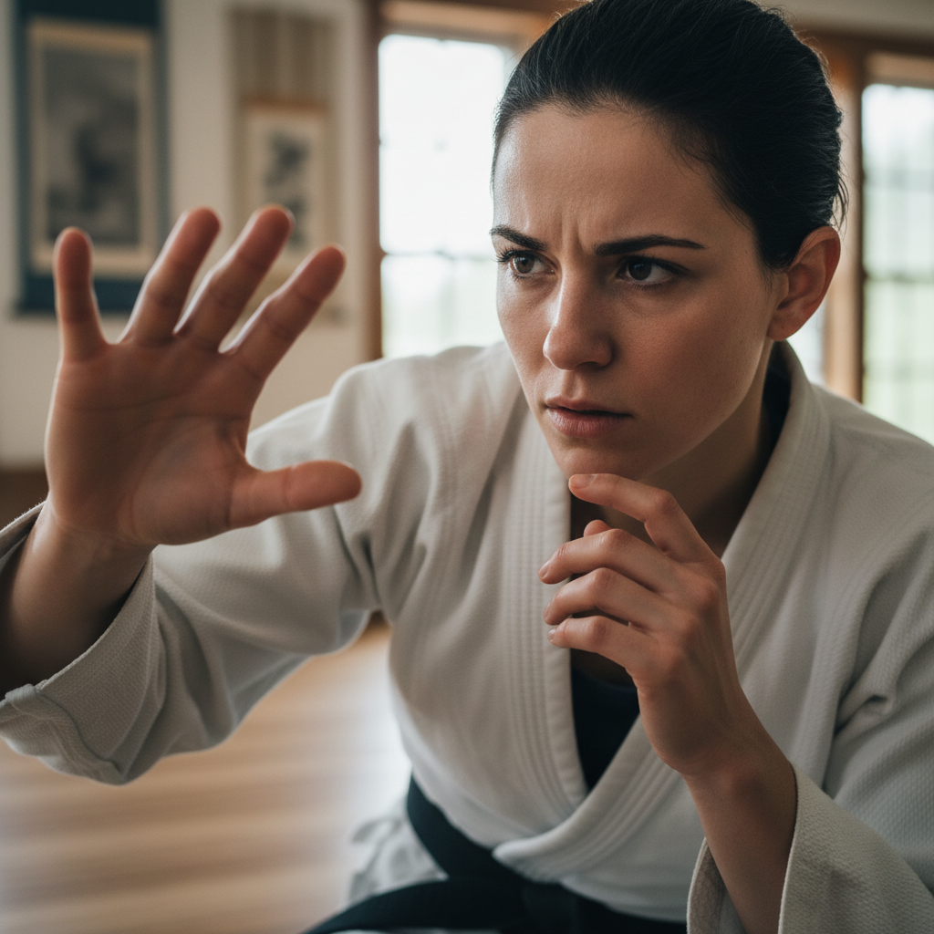Female martial artist in blue gi, bright training space, confident posture