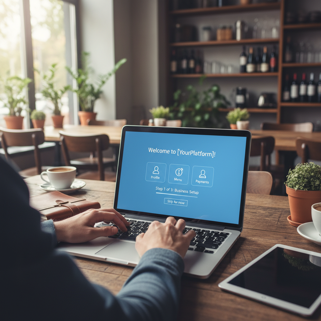 Person using laptop computer to register a business account online, clean desk setup, professional business environment