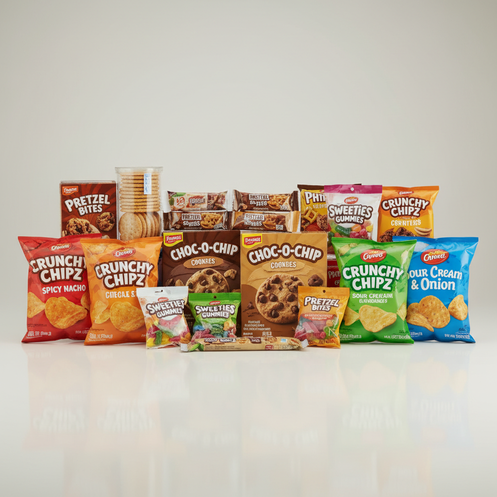 Assorted packaged snacks and chips in colorful packaging arranged on a bright surface