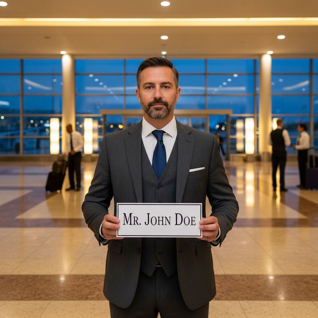 Professional driver in dark suit holding name sign at airport arrival hall, warm ambient lighting, polished marble floor