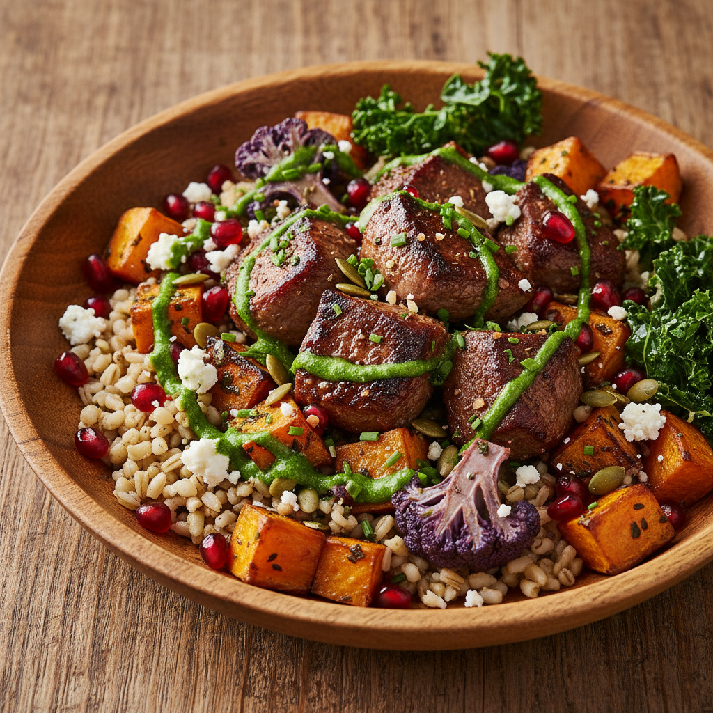 Seasonal grain bowl with spiced lamb, colorful roasted vegetables, herb oil drizzle, rustic presentation