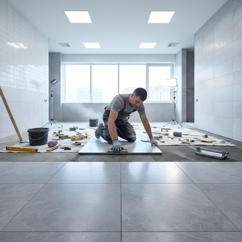 Tiler laying bright floor tiles in modern home, professional flooring installation