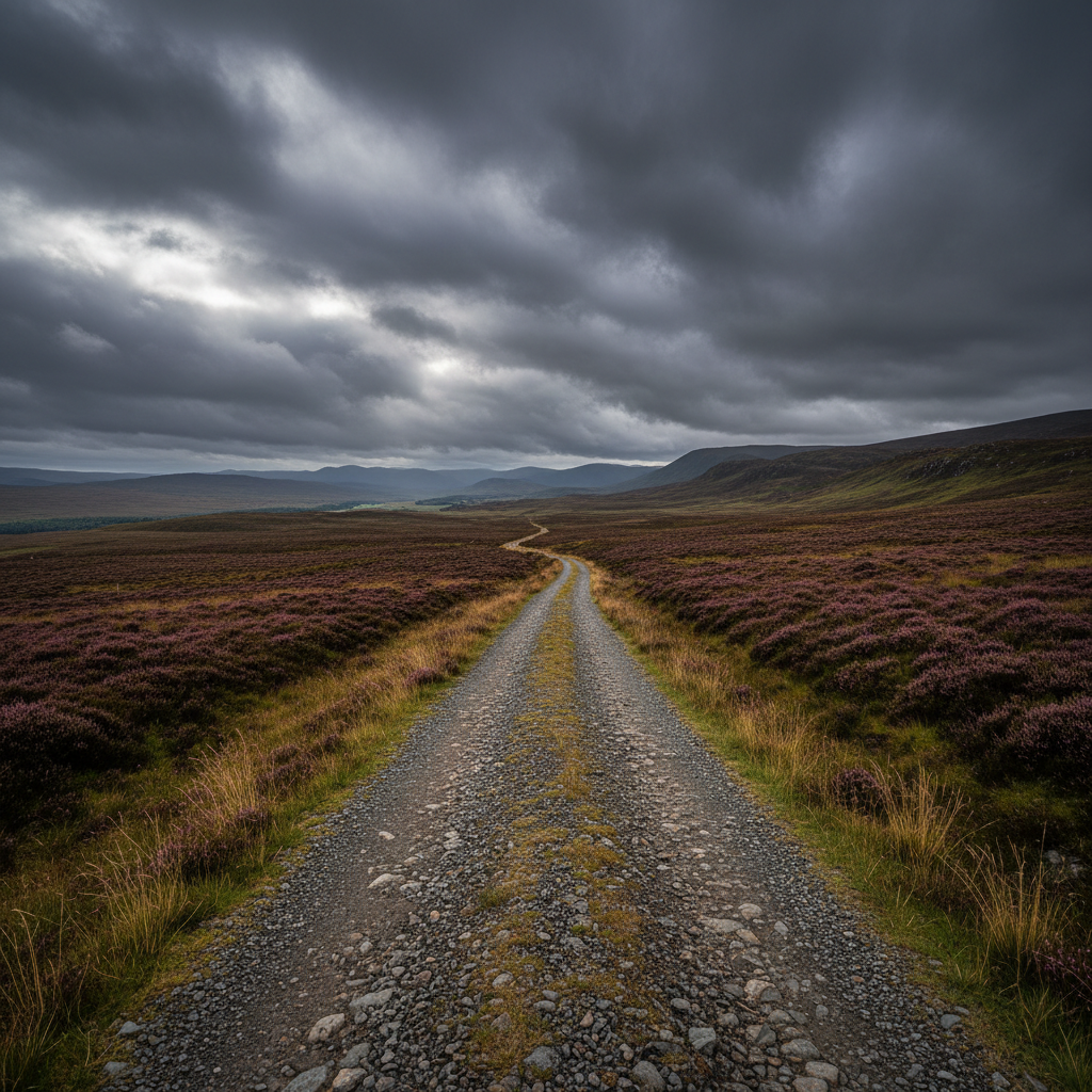 Scottish Highland glen with dramatic moody sky, heather moorland, misty mountains, remote single track road