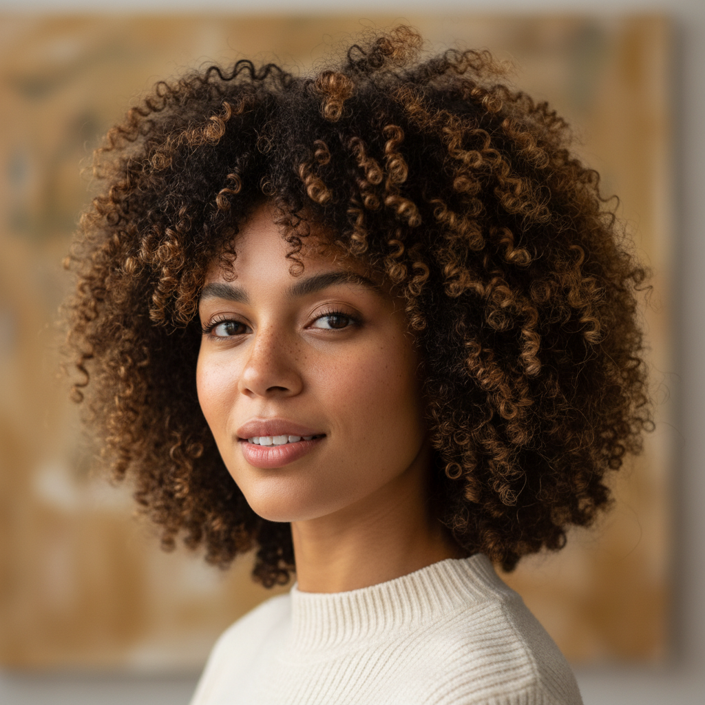 Smiling woman with curly brown hair
