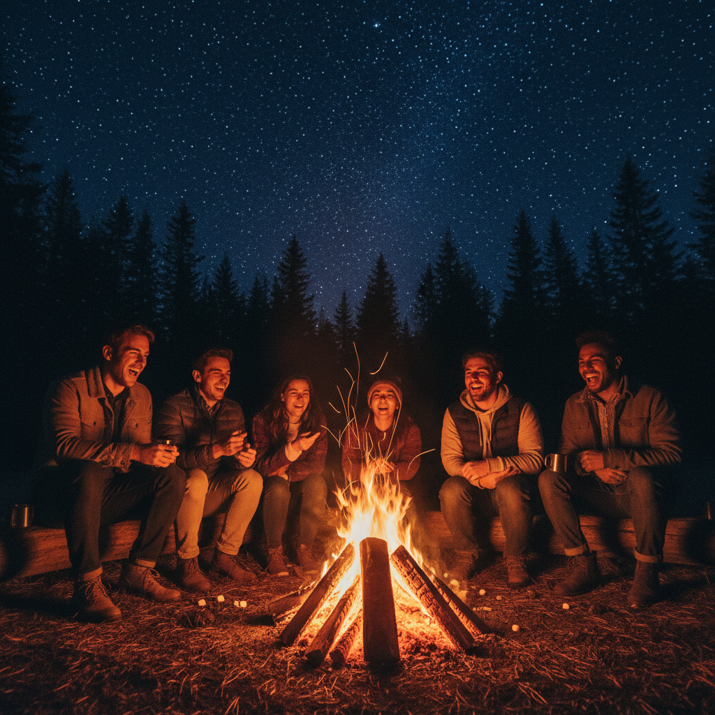 Group of young travellers around bonfire at night in mountains, stars visible above, laughing
