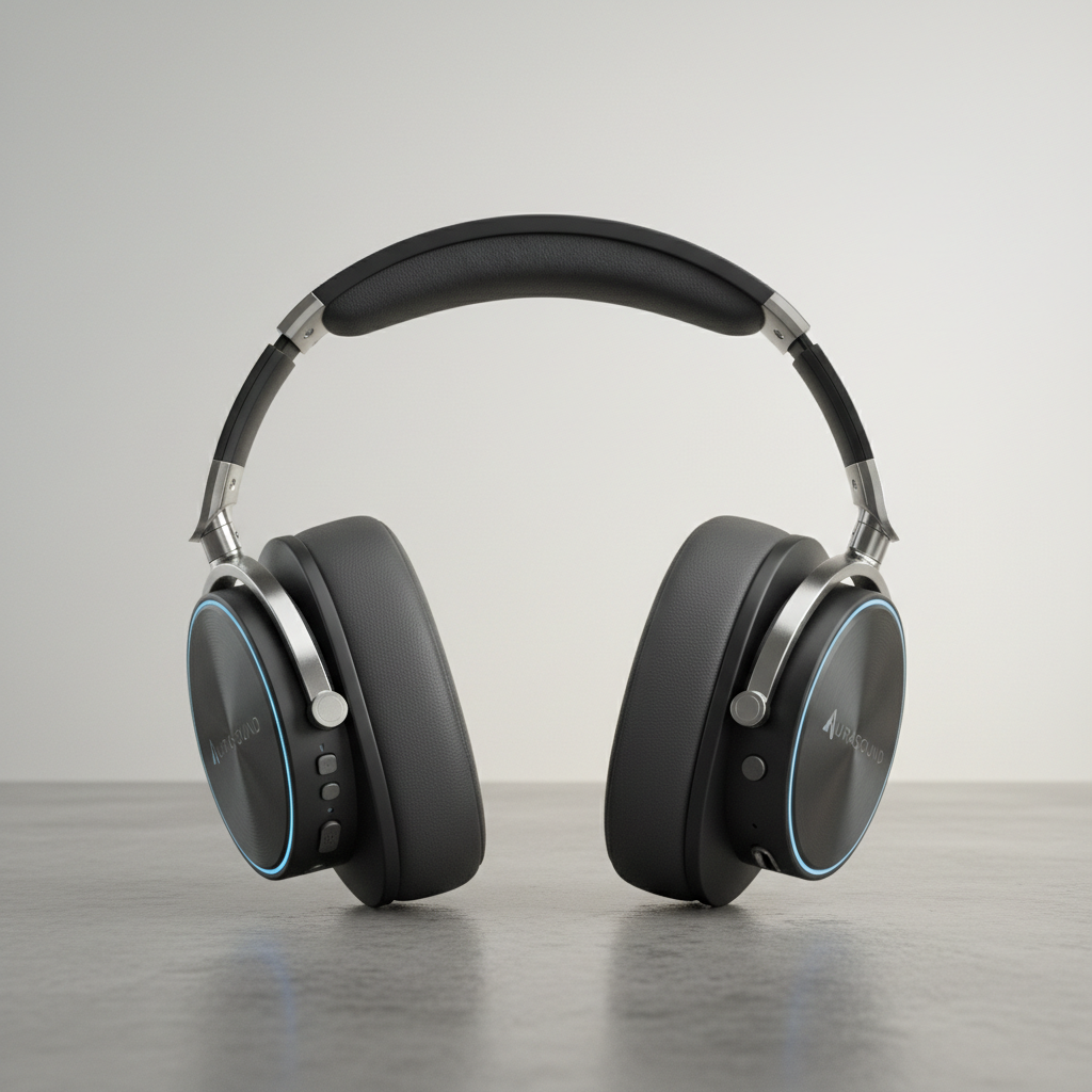 Black premium headphones with blue LED accents floating on dark background