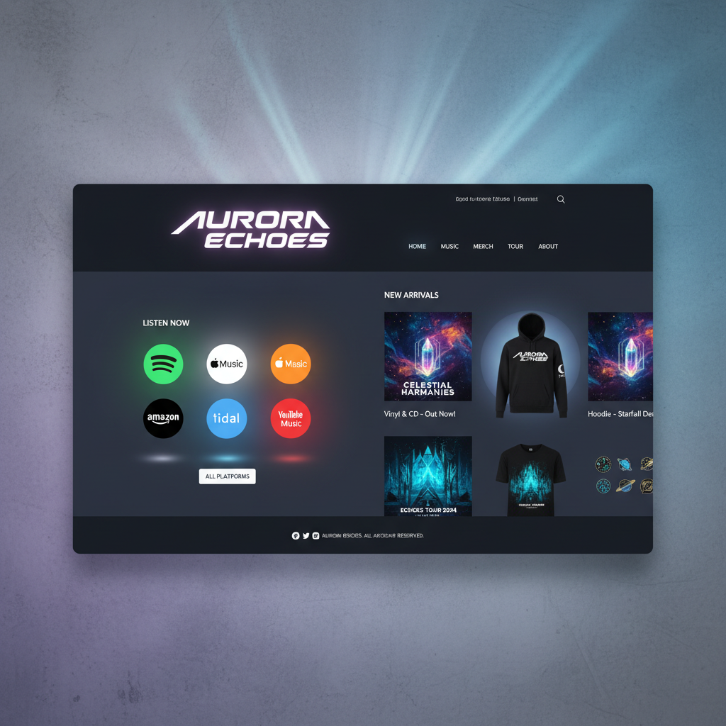 Music artist link page showing streaming platforms and merch drop