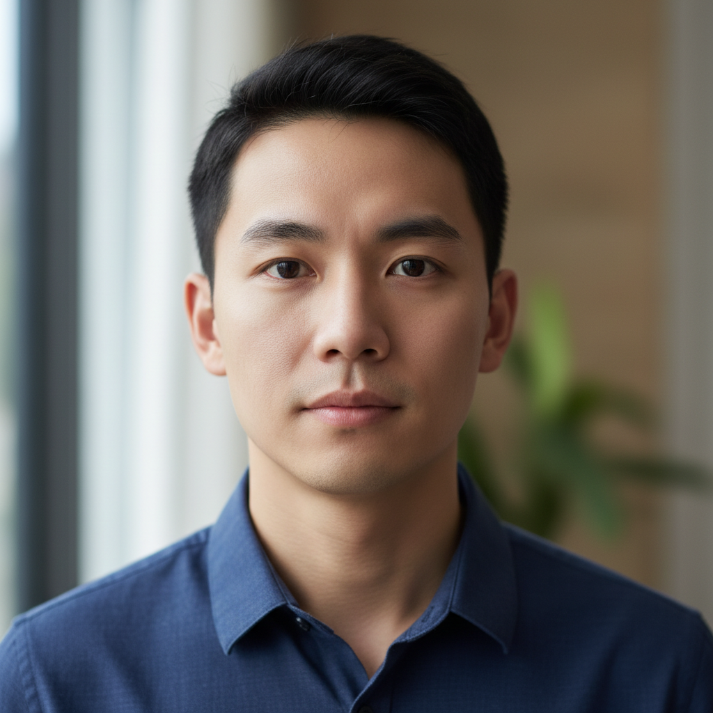 Professional headshot of Asian man with short black hair wearing dark blazer against neutral background