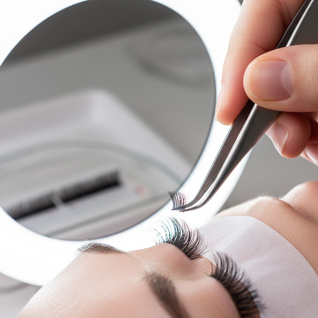 Close-up of classic lash extension application, individual lashes, soft studio lighting