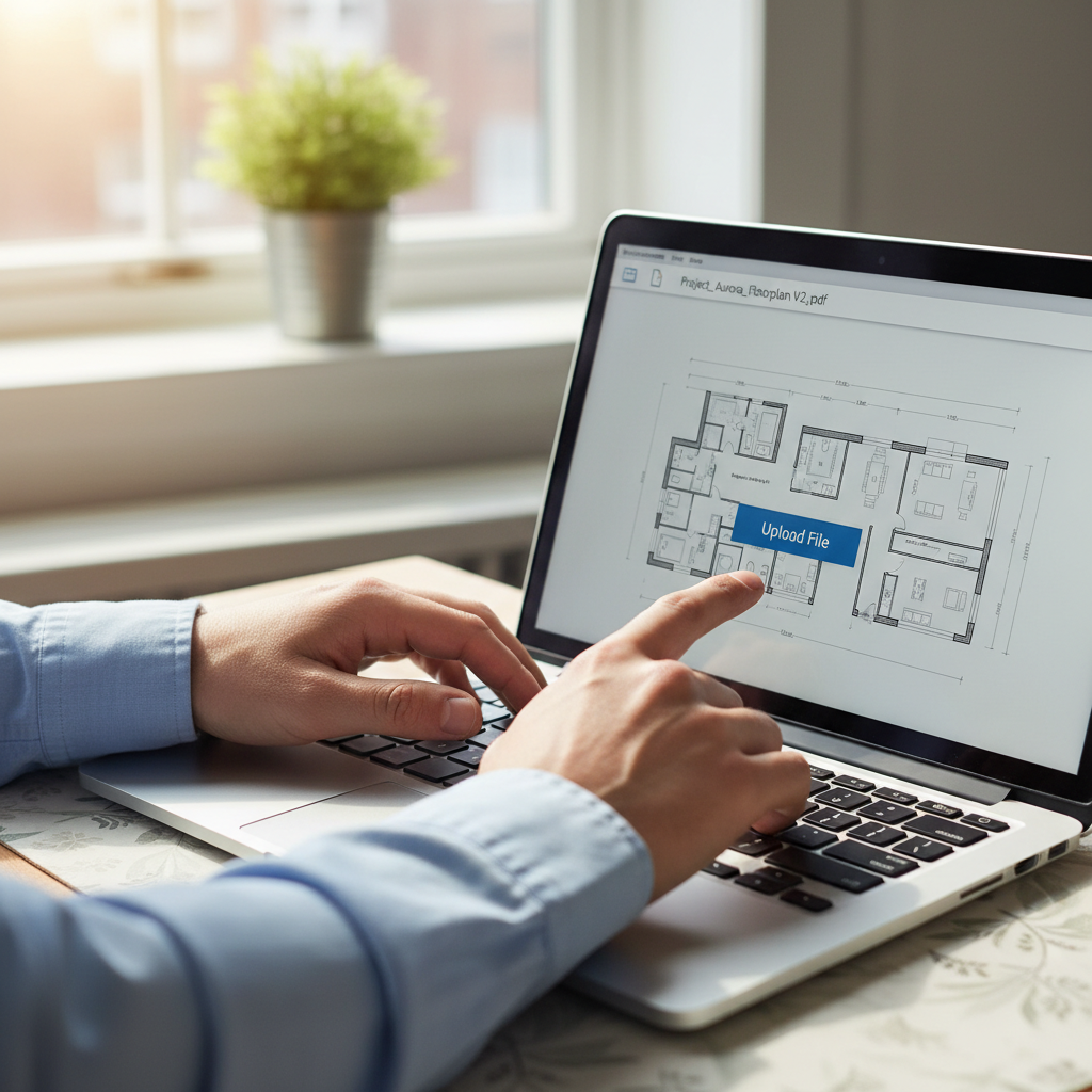 Person uploading a document file on a laptop computer