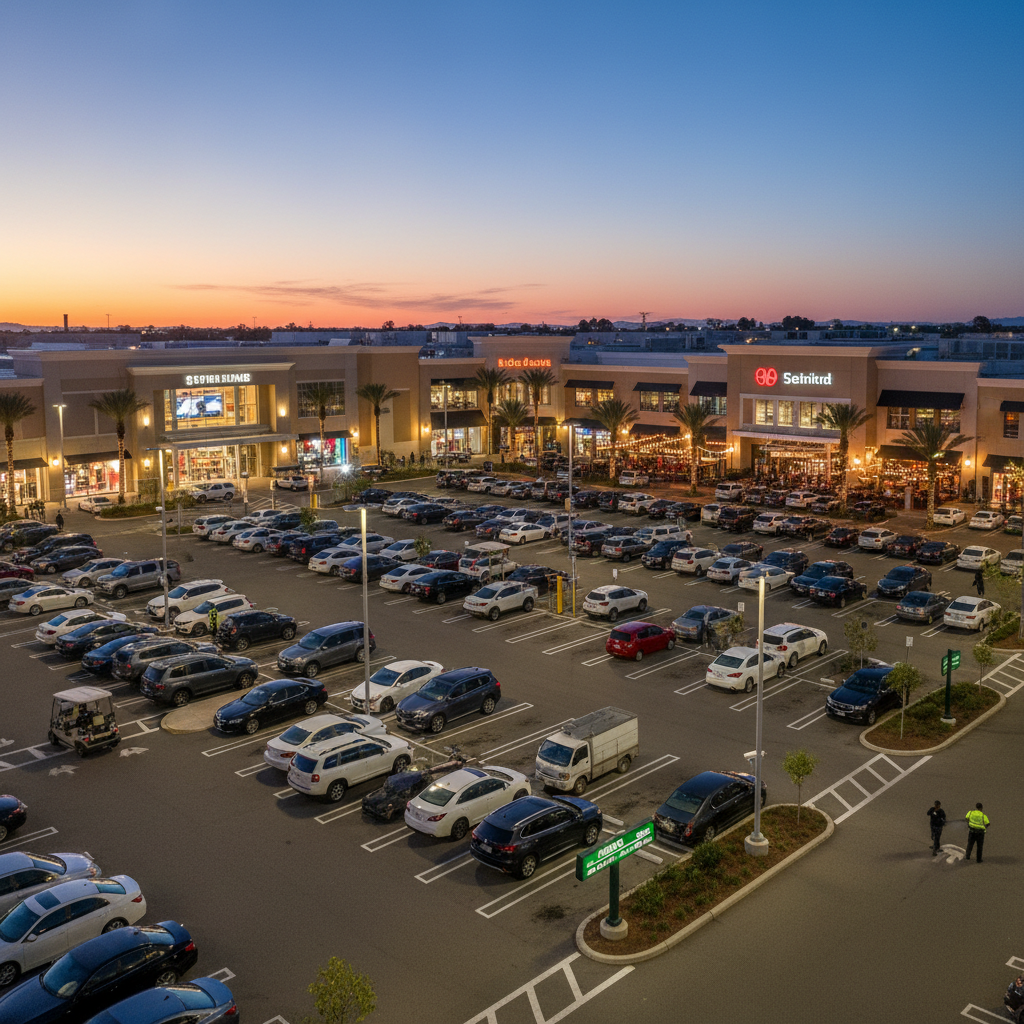 Bright shopping centre car park with rows of parked cars and daylight entering from the side