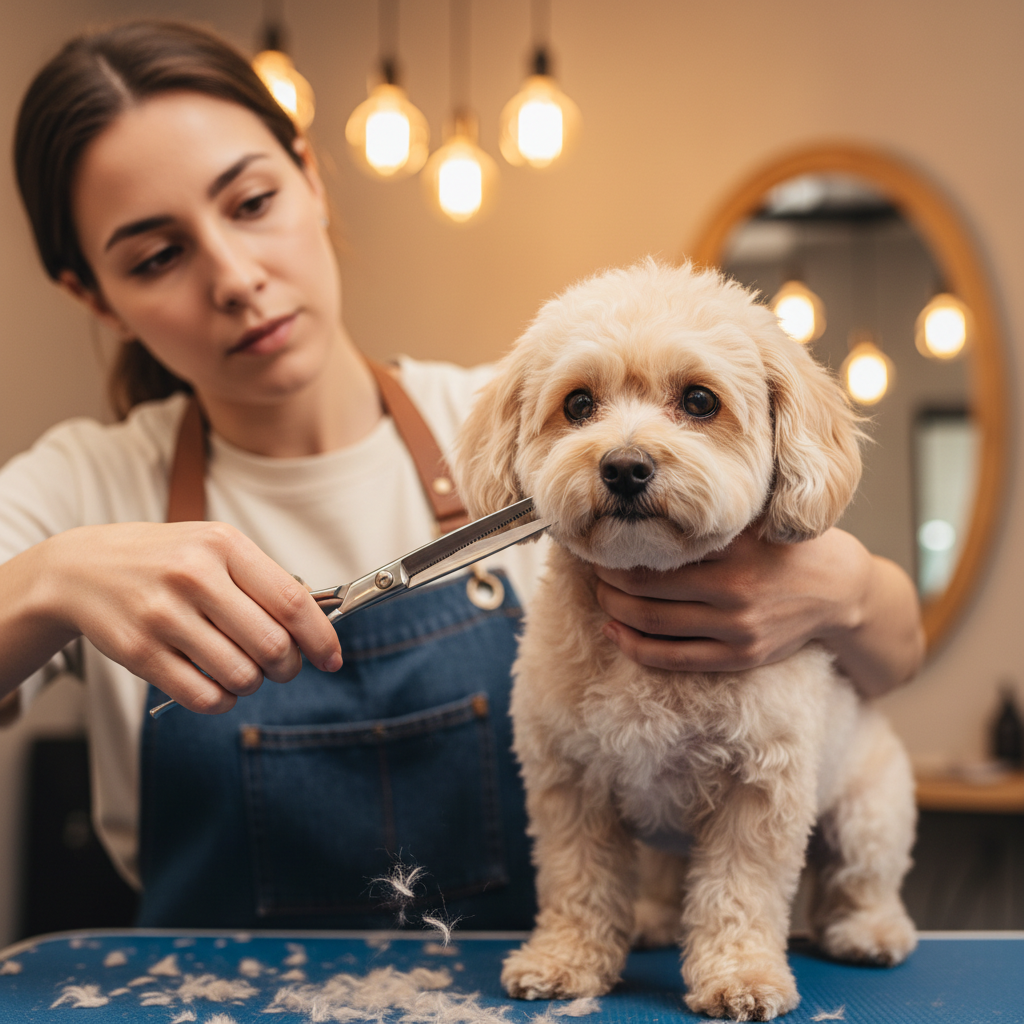Professional groomer carefully trimming a golden retriever in a clean salon environment
