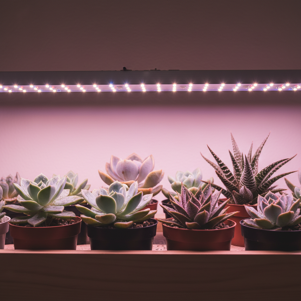 LED grow light strip illuminating a shelf of compact succulents in a windowless room
