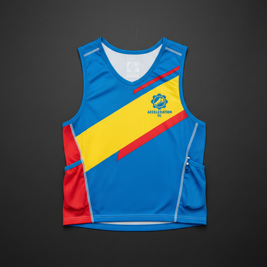 Athletic running vest in club colours, laid flat on dark surface
