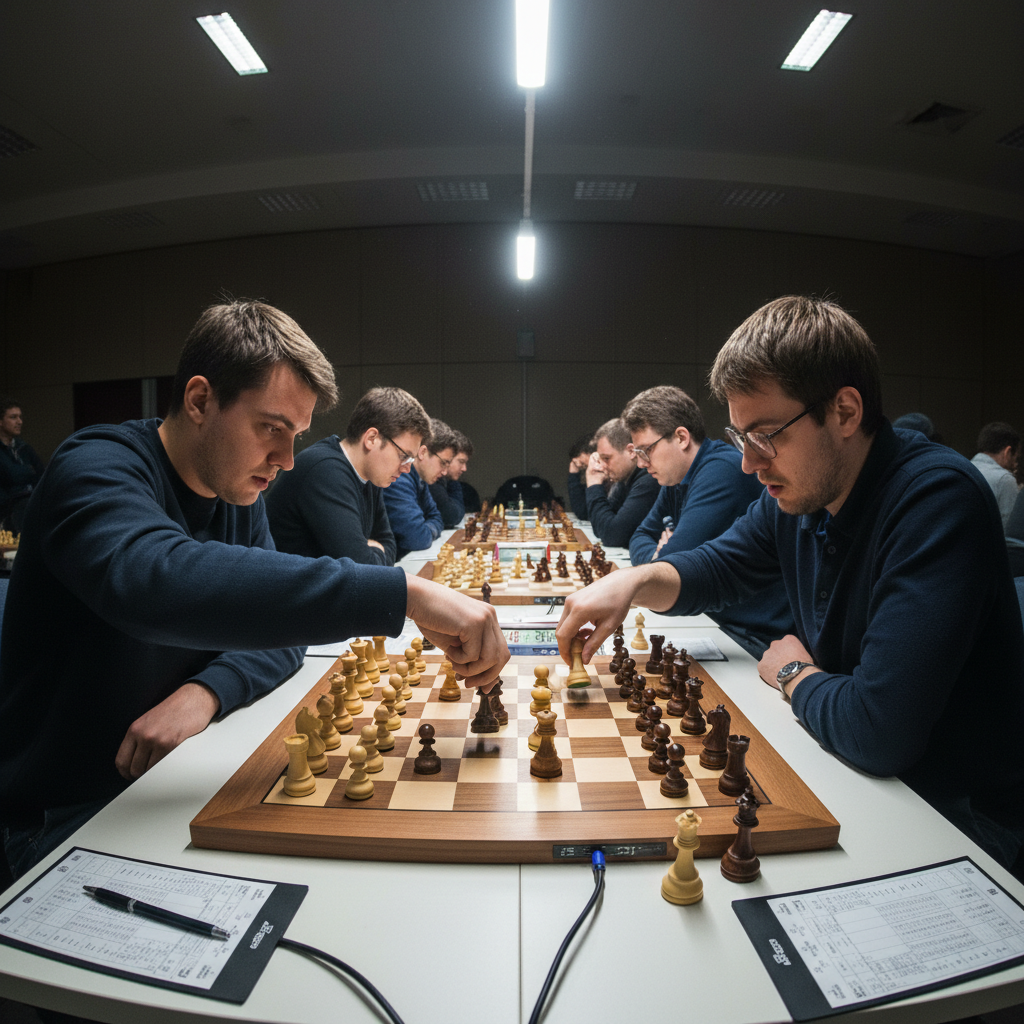 Chess grandmaster analyzing a complex position at a tournament table, overhead fluorescent lighting, serious expression