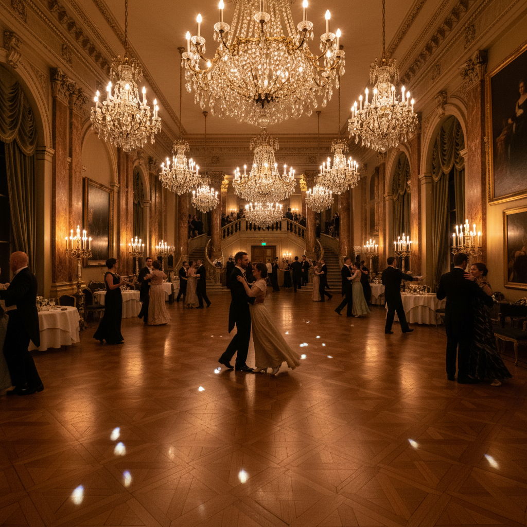 Elegant hotel ballroom with warm chandelier lighting, dark wood floors, guests in formal attire, atmospheric golden glow