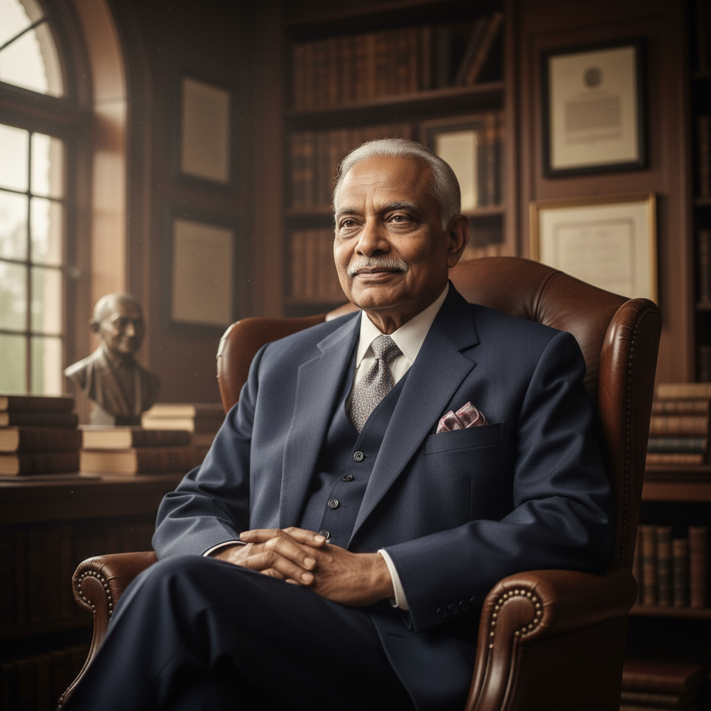 Mature gentleman with silver hair in navy suit standing in classic library with wooden bookshelves