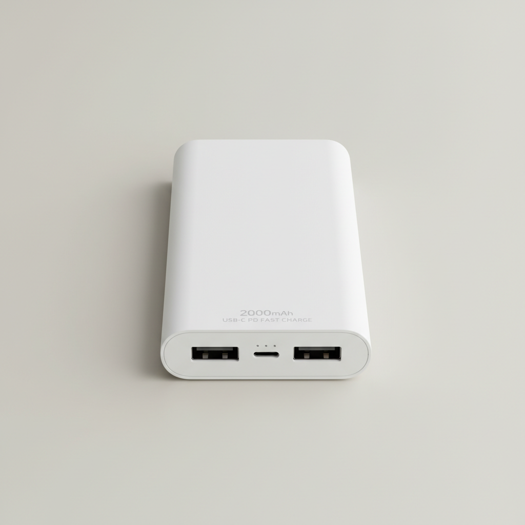 Slim white power bank with USB-C port and minimal design on desk