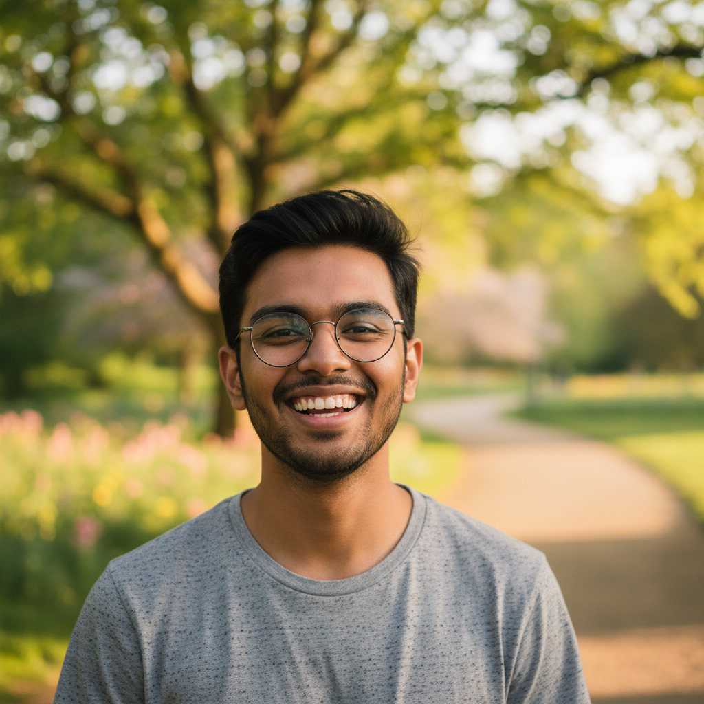 Indian man in casual shirt, friendly expression, outdoor setting