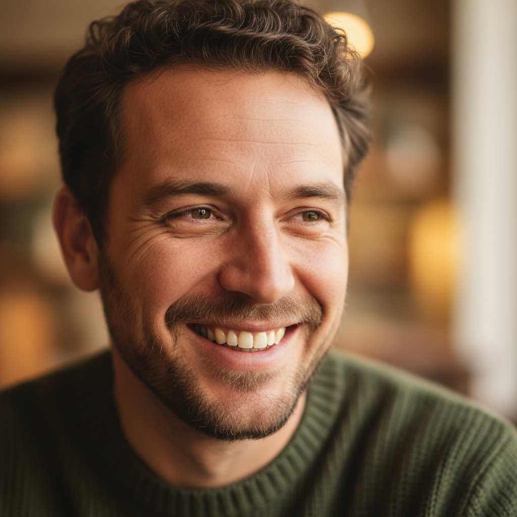 Man with genuine smile, warm lighting