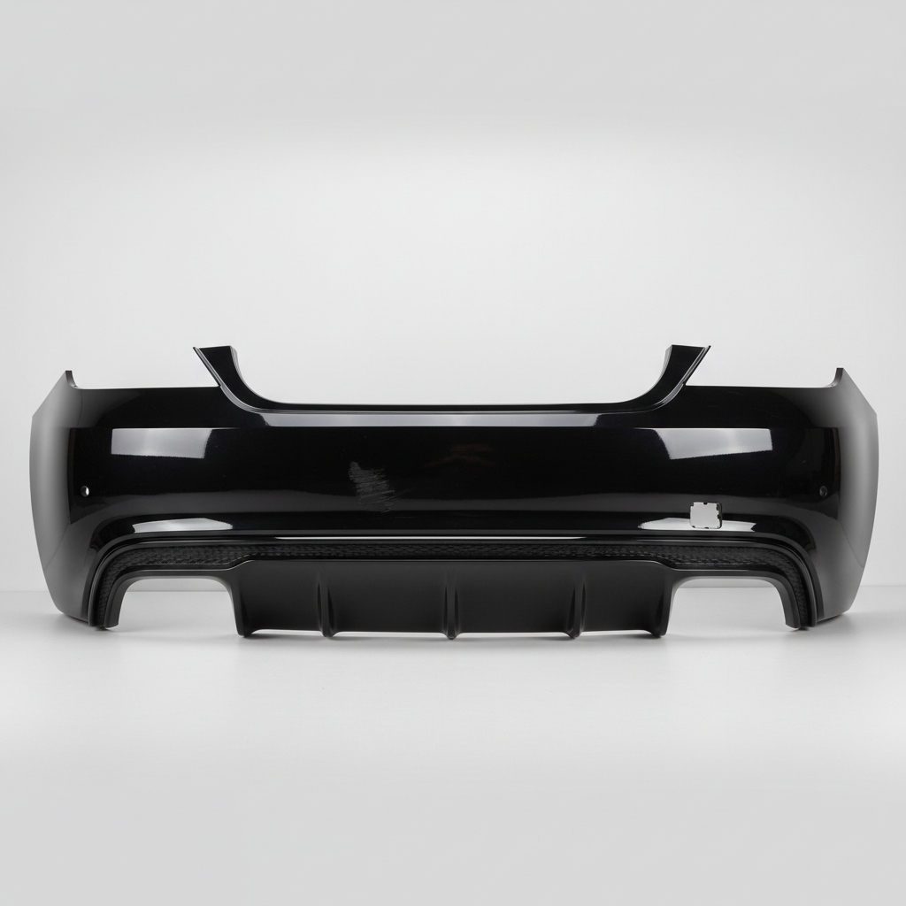 Complete rear bumper cover in black, no cracks, minor scuff on lower valance