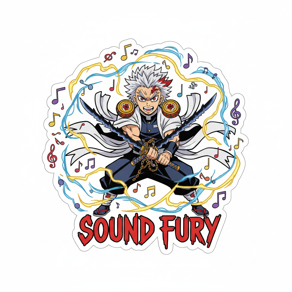 Sound hashira with drum earrings unleashing a thunderous attack with musical notes visualization