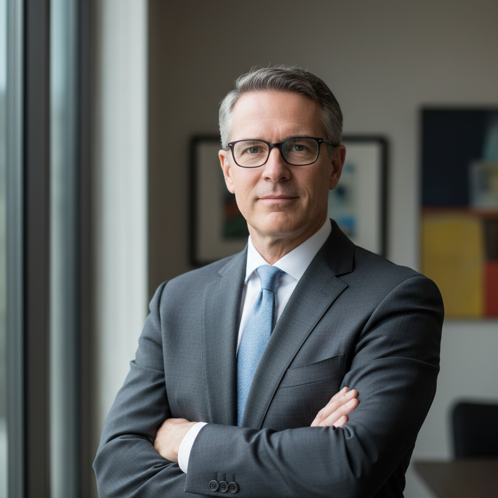 Executive man in glasses, grey suit, neutral background