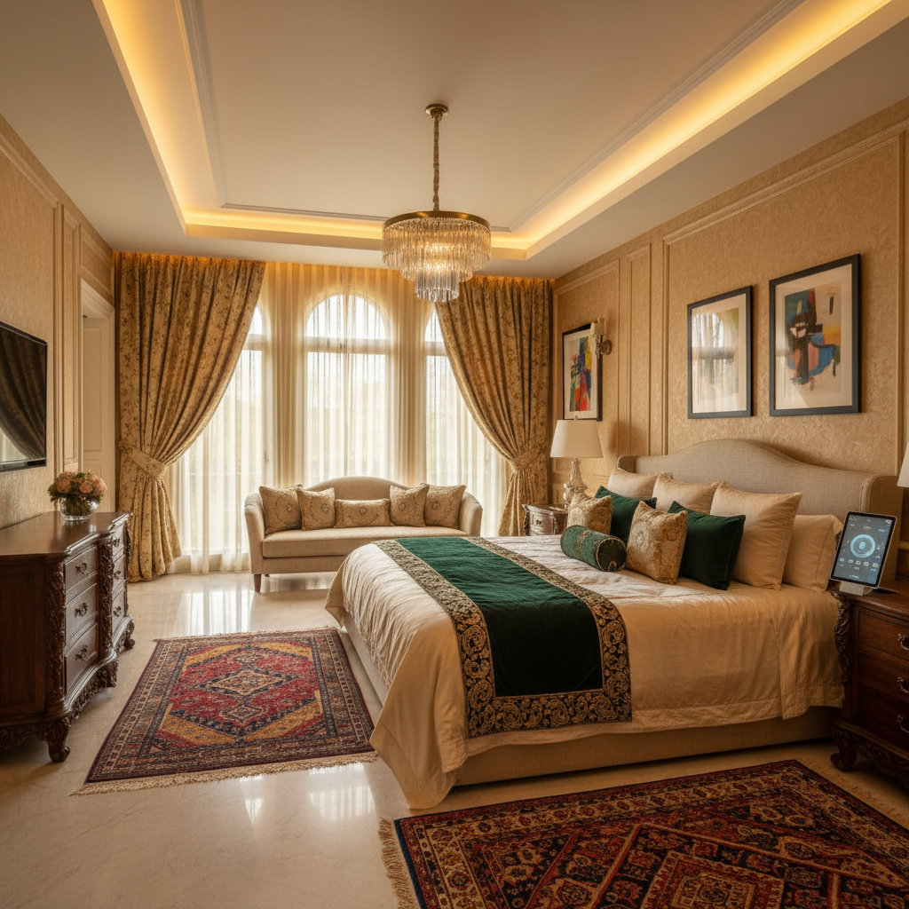 Luxurious master bedroom with soft warm lighting, plush bed, and earthy tones in a well-lit modern Indian home