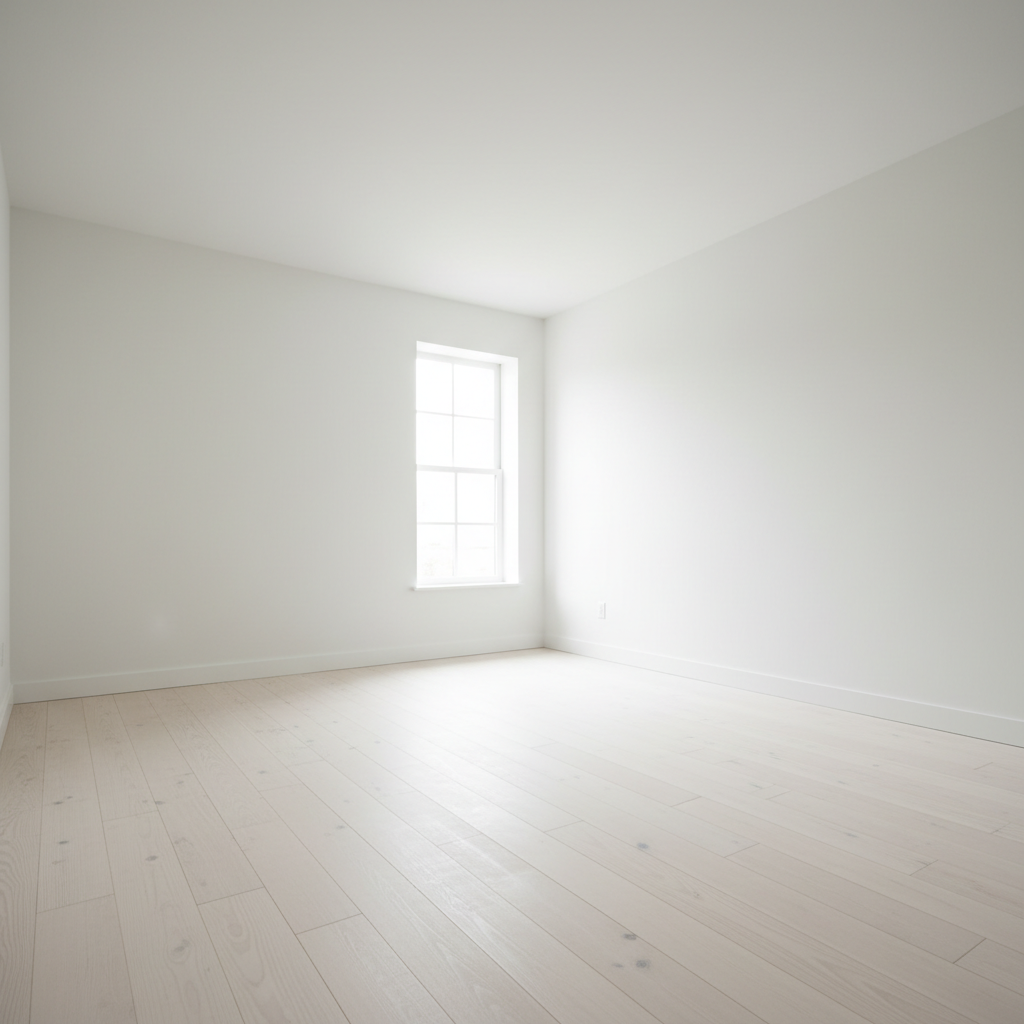 Empty toddler room with blank white walls and bare wooden floor