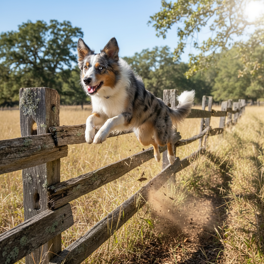 Merle Aussie mid-leap over a weathered wooden fence on a sunny afternoon